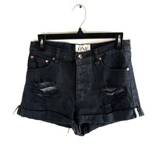 One Teaspoon Hawks Black Distressed High Rise Twisted Cuff Denim Shorts 26